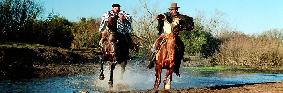 Gauchos auf Pferden in der Pampa Uruguays